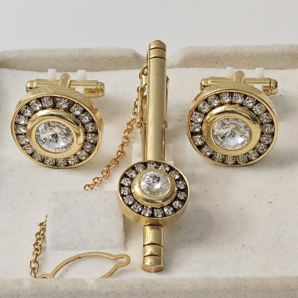 Vintage Gold Tone Cufflinks & Tie Bar Set Clear Rhinestone Halo Round Korea